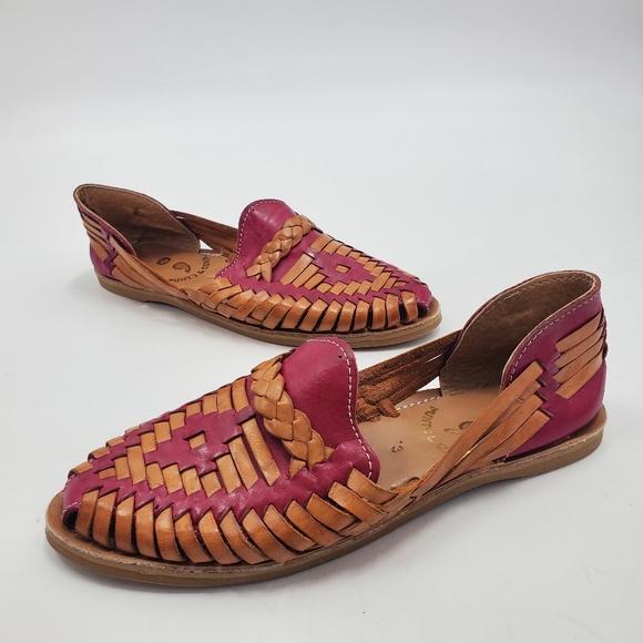 Punto & Coma Shoes - Punto & Coma Mexican Leather Huarache Pink/Brown/Tan Boho Woven Sandals Shoes
